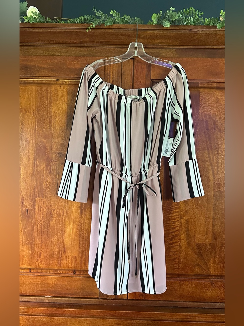 Dex Mauve and Black Striped Off-Shoulder Tie-Waist Dress NWT